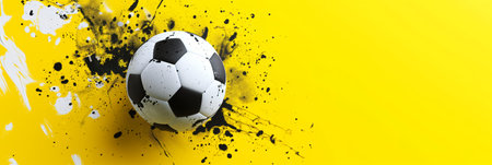 Soccer Ball Banner on Bright Yellow Background with White and Black Drops and Spots with space for textの素材