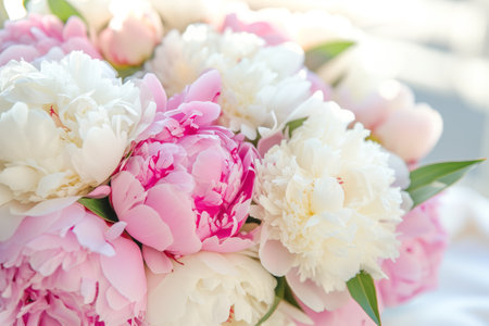 Pink and white peonies bouquet on table: a beautiful flower arrangement.の素材