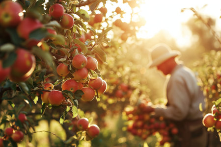 A person collecting apples from a tree in a natural orchard in rays of sun.の素材