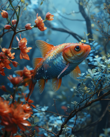 An electric blue fish swimming underwater among aquatic plants and flowersの素材