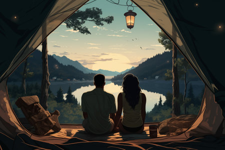 illustration Cute couple of man and girl sitting on the edge of an open tent with their back to the camera and looking at the lake, mountains, sunset or sunrise, beautiful natureの素材
