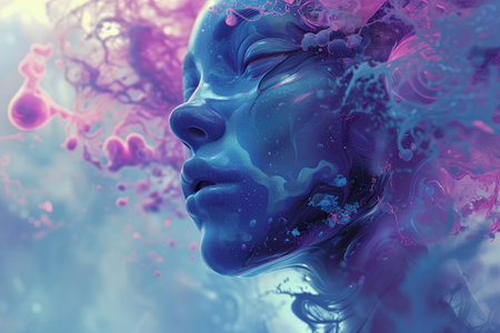 Art illustration of Abstract close up portrait of woman with swirling purple smoke and darknessの素材
