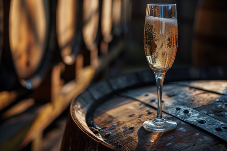 A glass of wine is sitting on top of a wooden barrel in sun raysの素材