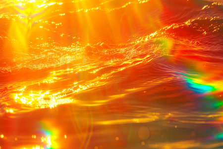 Abstraction, rainbow reflexes and reflections of orange sun rays on waterの素材