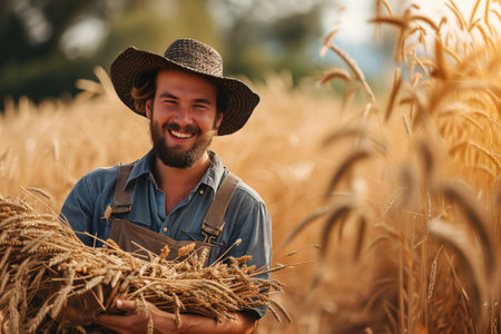 Happy smiling farmer in hat and overalls in agricultural wheat field looking at camera at sunrise or sunsetの素材