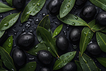 Black ripe olives in water drops with green olive leaves on black backgroundの素材