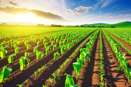 Field of small corn sprouts stretching away on summer sunny day, agricultural workの素材