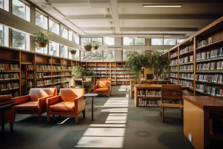 Interior of student library with books with old style with orange armchairs, bookshelves, green houseplants illuminated by the sunの素材