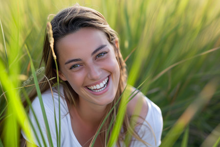 Portrait of smiling happy cute girl sitting in tall grass in nature during the day in summer and looking at the camera, vacation in the countryside, agritourismの素材