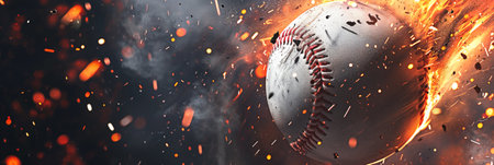 Banner with white baseball flying to victory in fire on the theme of baseball game on dark background with space for textの素材