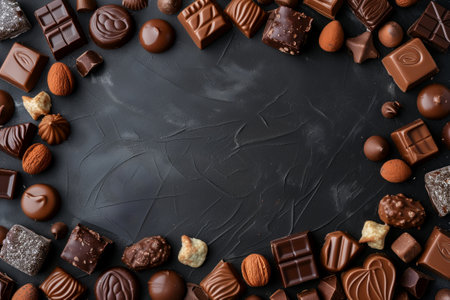 chocolates of different shapes and flavors on a dark background with space for textの素材