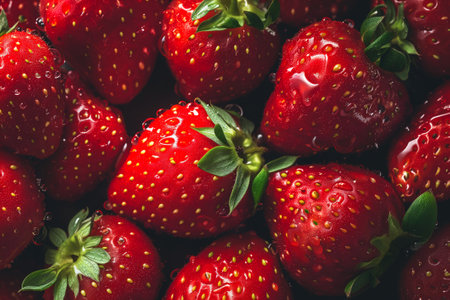 A colorful display of strawberries - vibrant fruits on a table.の素材