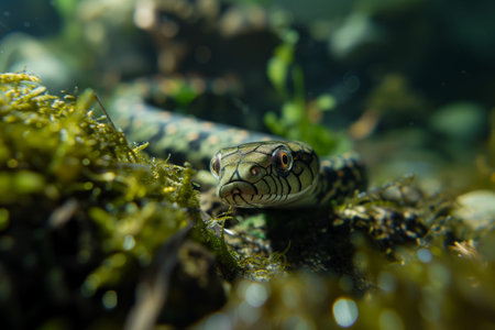 A green snake is laying on a rock in the waterの素材