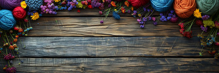 Wooden table decorations with yarn, flowers, and plant petalsの素材