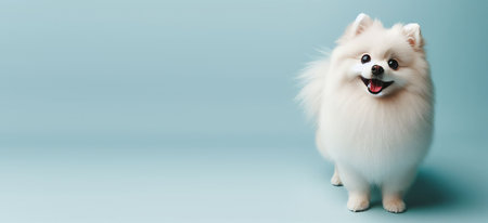 Small white fluffy spitz on a delicate blue background, veterinarians dayの素材