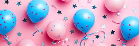 Banner with inflatable bright birthday balloons, holiday with silver stars, anniversary in pink and blue colorの素材