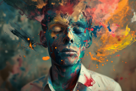 Vivid portrait captured with flash photography eyes closedの素材