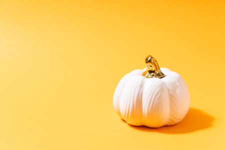 White pumpkin on yellow background with copy space, Minimal Halloween conceptの写真素材