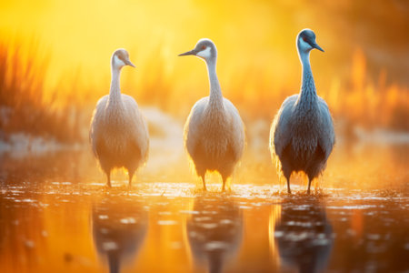 Three birds crane standing in body of waterの素材