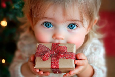 A baby holding a brown box with a red ribbon on it. The baby has blue eyes and is wearing white shirtの素材
