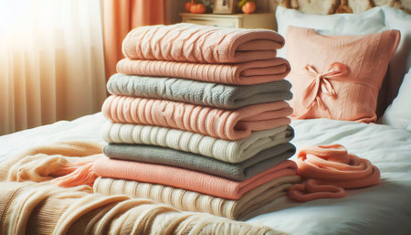Bed with pile of blankets and pillow in pastel colors and textures, creating cozy and inviting atmosphere in homeの素材