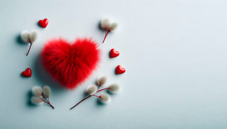 Heart made of red fur with flowers of willow on valentine day on blue background. Concept of love and warmth fillの素材