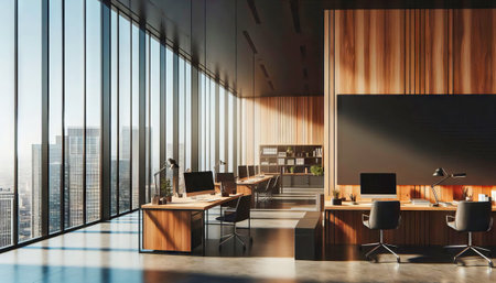 A large open office space with wooden desks and chairs, and a view of the cityの素材