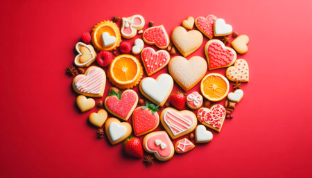 A heart-shaped arrangement of cookies and cakes with a red backgroundの素材