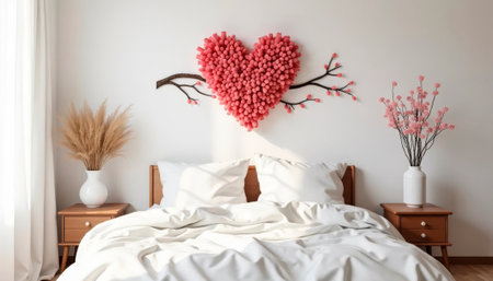 Heart shaped pillow on bed in bedroom interior. Valentine's day conceptの素材