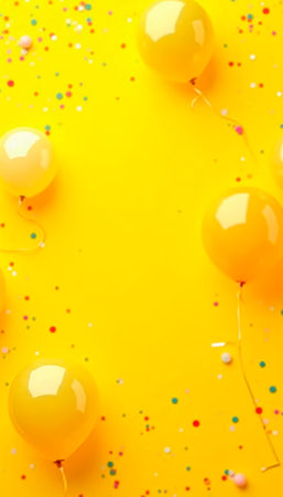 Colorful balloons and confetti on yellow vertical barthday background. Flat lay, top viewの素材
