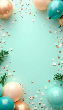 Festive vertical background with balloons, confetti and fir branches on blue on birthdayの素材
