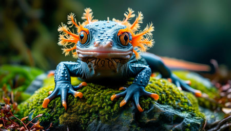 Close up of a blue frog or axolotl salamander with orange eyes on a rock.の素材