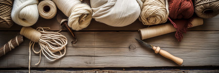 Wooden table with a variety of yarns and a pair of scissorsの素材