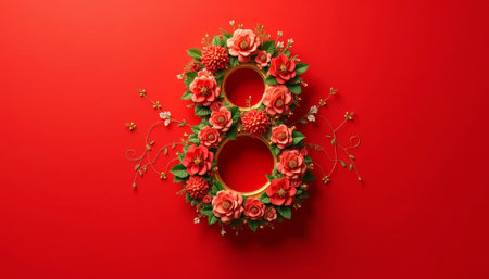 8 March. International Women's Day. Floral wreath on red backgroundの素材
