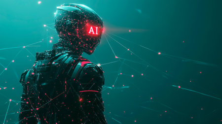 Robot AI in futuristic space suit and helmet. Artificial intelligence concept.の素材