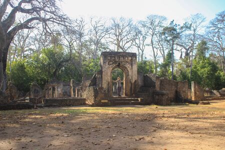The ancient abandoned Arab city of Gede, near Malindi, Kenya. Classical Swahili architecture. They include a mosque, palace, houses and tombs as well as a fortの写真素材