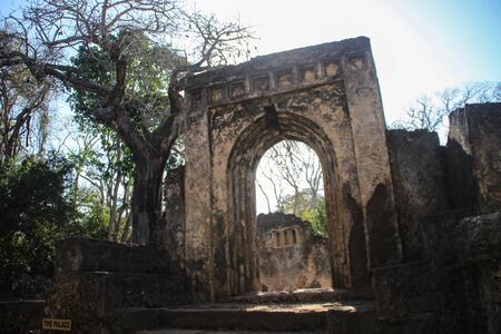 The ancient abandoned Arab city of Gede, near Malindi, Kenya. Classical Swahili architecture. They include a mosque, palace, houses and tombs as well as a fortの写真素材