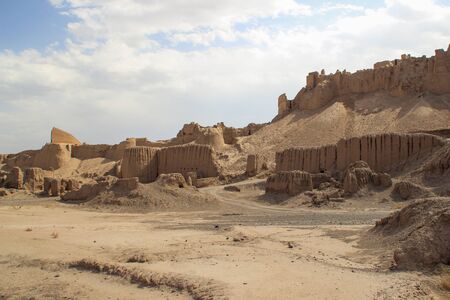 BAM, IRAN: Historical unloaded fortress Bam in the desert near Kerman. Sights of Iran. Fortress made of clay.の写真素材