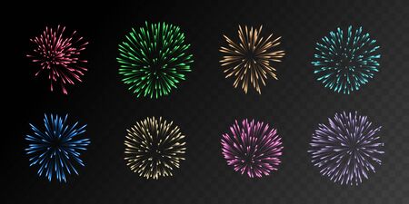 Collection of eight realistic fireworks in different colors isolated on black background. Eps10 gradient mesh vector elements.のイラスト素材