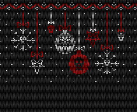 Ugly sweater knitted design  in black, red and white colors. Christmas balls decorated with a pentagram and a skull.のイラスト素材