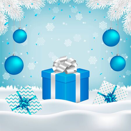 Vector Christmas, New Year background with gift boxes, blue balls, white fir branches and blank space for your text on blue backdrop with falling snowflakes and snow.のイラスト素材