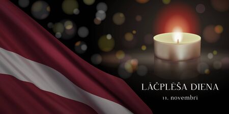 Vector banner design template with flag of Latvia, candle, and text on dark background. Translation: Latvian Freedom Fighters' Remembrance Day. November 11.のイラスト素材