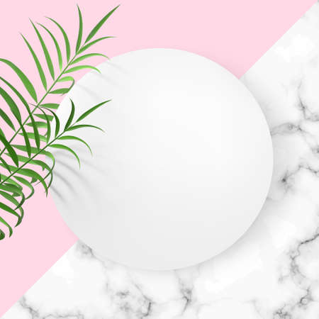 Realistic vector background with pink, white, and marble geometrical shapes and palm leaves. Design template for advertising banners. Minimalistic branding mockup.のイラスト素材