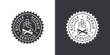 Bicycle repair service logo design with chain links, bike tools and text on chainring silhouette isolated on white and dark grey backgrounds.のイラスト素材