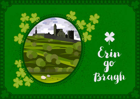 Vector greeting card. Irish landscape with Cashel Castle, clover leaves and lettering quote.のイラスト素材