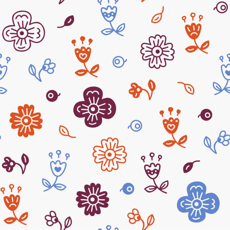 Seamless pattern with stylized flowers, berries and leaves.Good for fabrics design, backgrounds, wrapping paper, package, covers.のイラスト素材