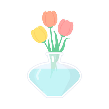 Yellow, orange and pink tulips in transparent made of glass vase. Vector flat illustration isolated on a white background.のイラスト素材