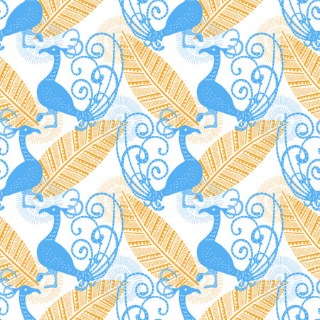 Ethnic seamless pattern with fantasy stylized birds and leaves on white background. Good for design fabrics, backgrounds, wrapping paper, package, covers.のイラスト素材