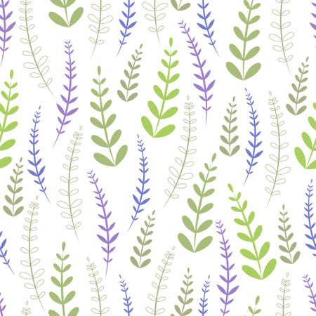 Vector seamless pattern with purple and green herbs isolated on white background. Good for greeting cards, wrapping paper, invitations, textile design.のイラスト素材