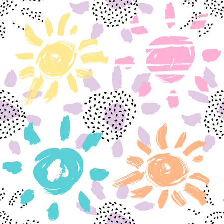 Vector seamless pattern with brush painted sun silhouettes and sun shapes with dot texture isolated...